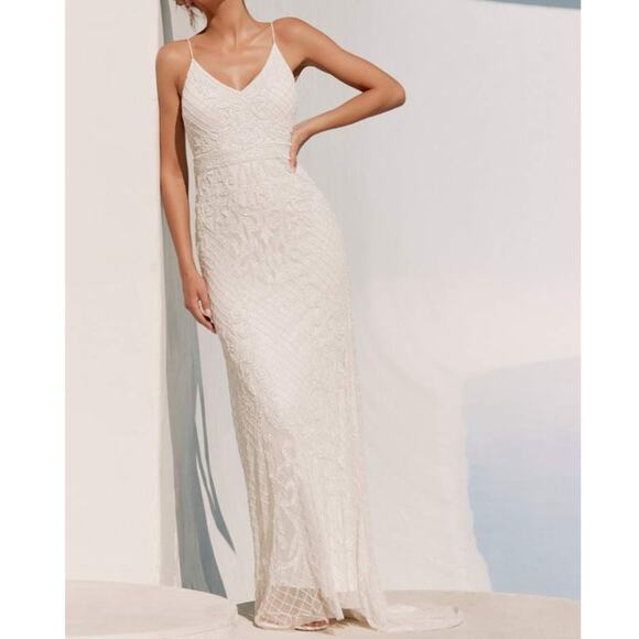 Lulus Bridal NWT Cherished Vow White Beaded Backless Mermaid Wedding Gown Dress - Picture 2 of 14
